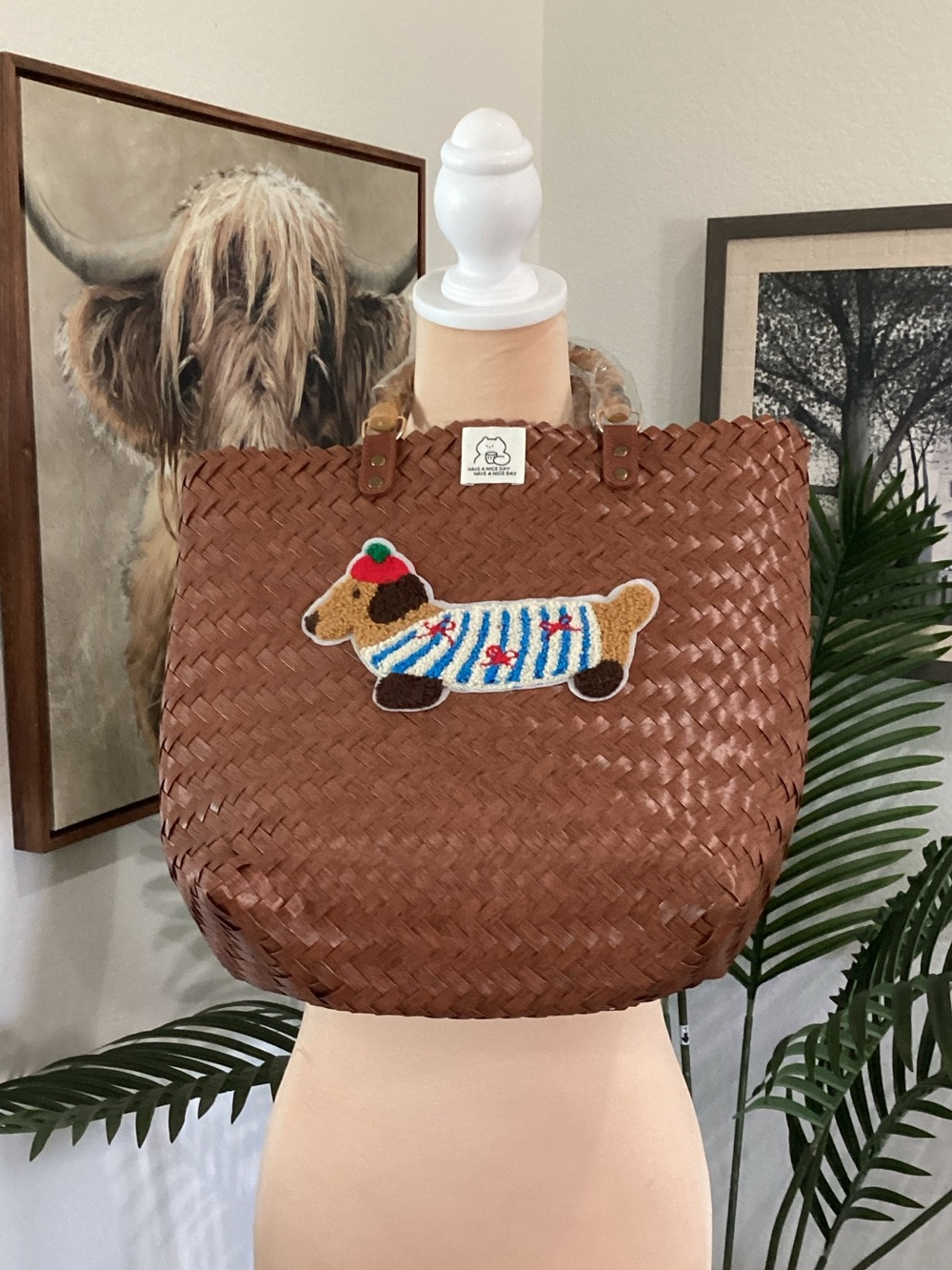 Woven Brown Tote with Dachshund Patch